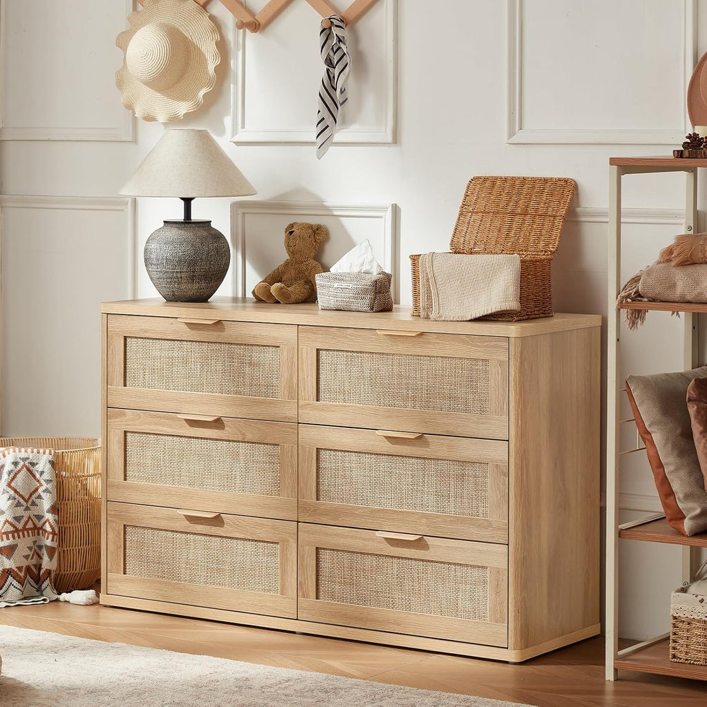 LEYAOYAO Rattan 6 Drawer Dresser for Bedroom, Boho 48' Wide Natural Wood Dresser Chest of Drawers, Dressers TV Stand with Metal Handle, Storage Dressers Closet Organizer for Living Room, Hallway