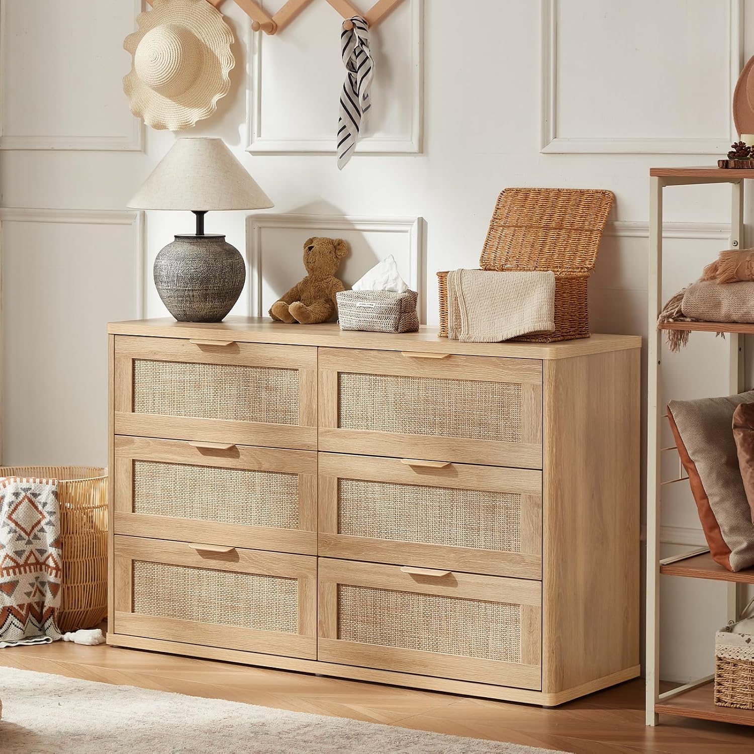 LEYAOYAO Rattan 6 Drawer Dresser for Bedroom, Boho 48' Wide Natural Wood Dresser Chest of Drawers, Dressers TV Stand with Metal Handle, Storage Dressers Closet Organizer for Living Room, Hallway