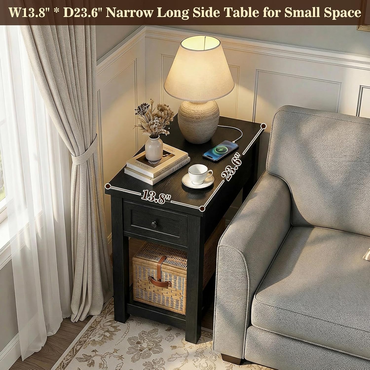 Armocity Narrow End Table Set of 2 with Charging Station - Farmhouse Side Tables with Drawers, 14' Wood Nightstands Set of 2 for Bedroom Living Room, Slim Couch Bedside Table Small Spaces, Black