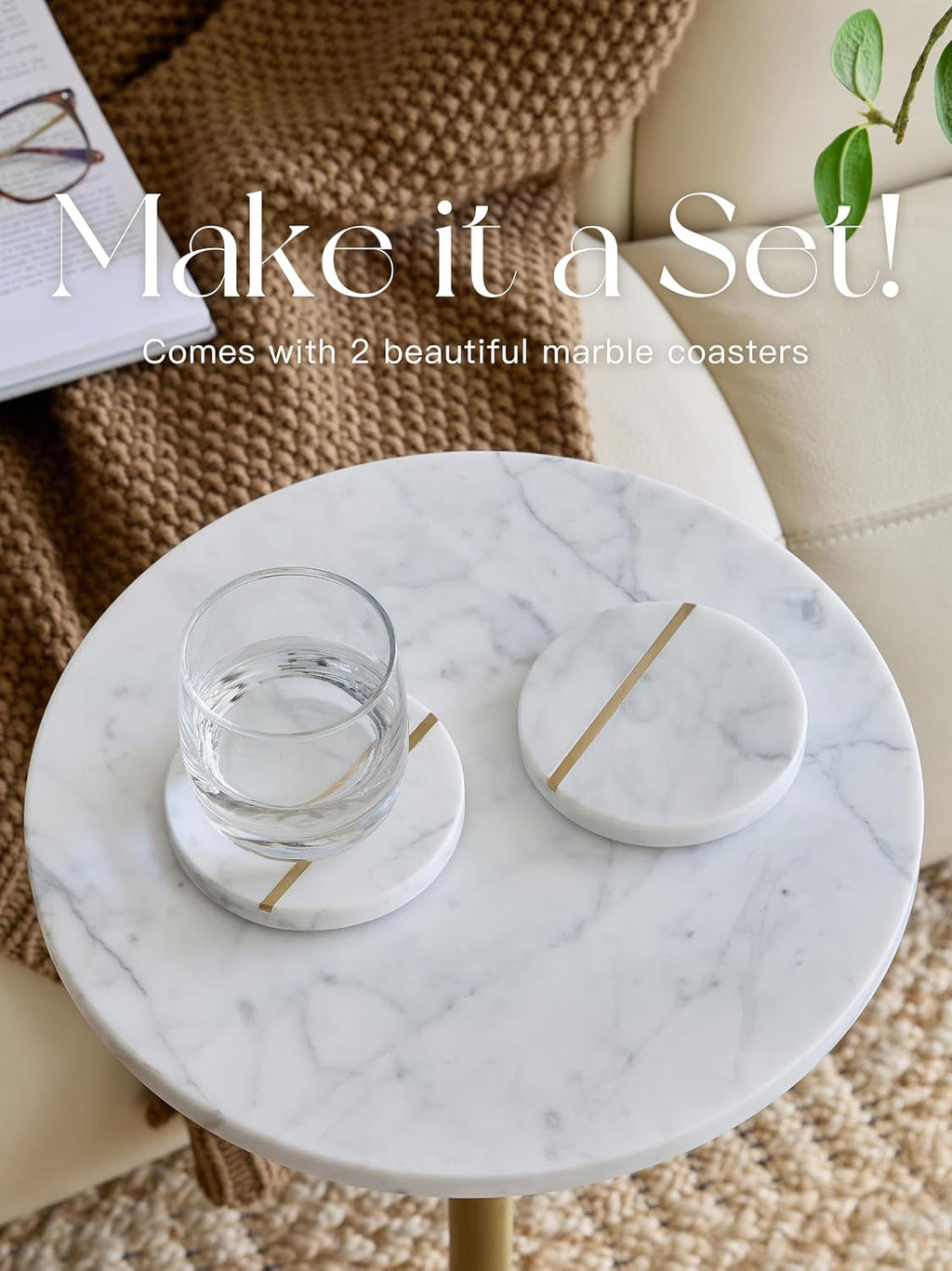 Adjustable-Height Marble Drink Table - 12x12x22-30, White Marble & Antique Brass, Modern Round End Table, Side Table with Pedestal Stand for Small Spaces, Vintage Metal Martini Cocktail Accent