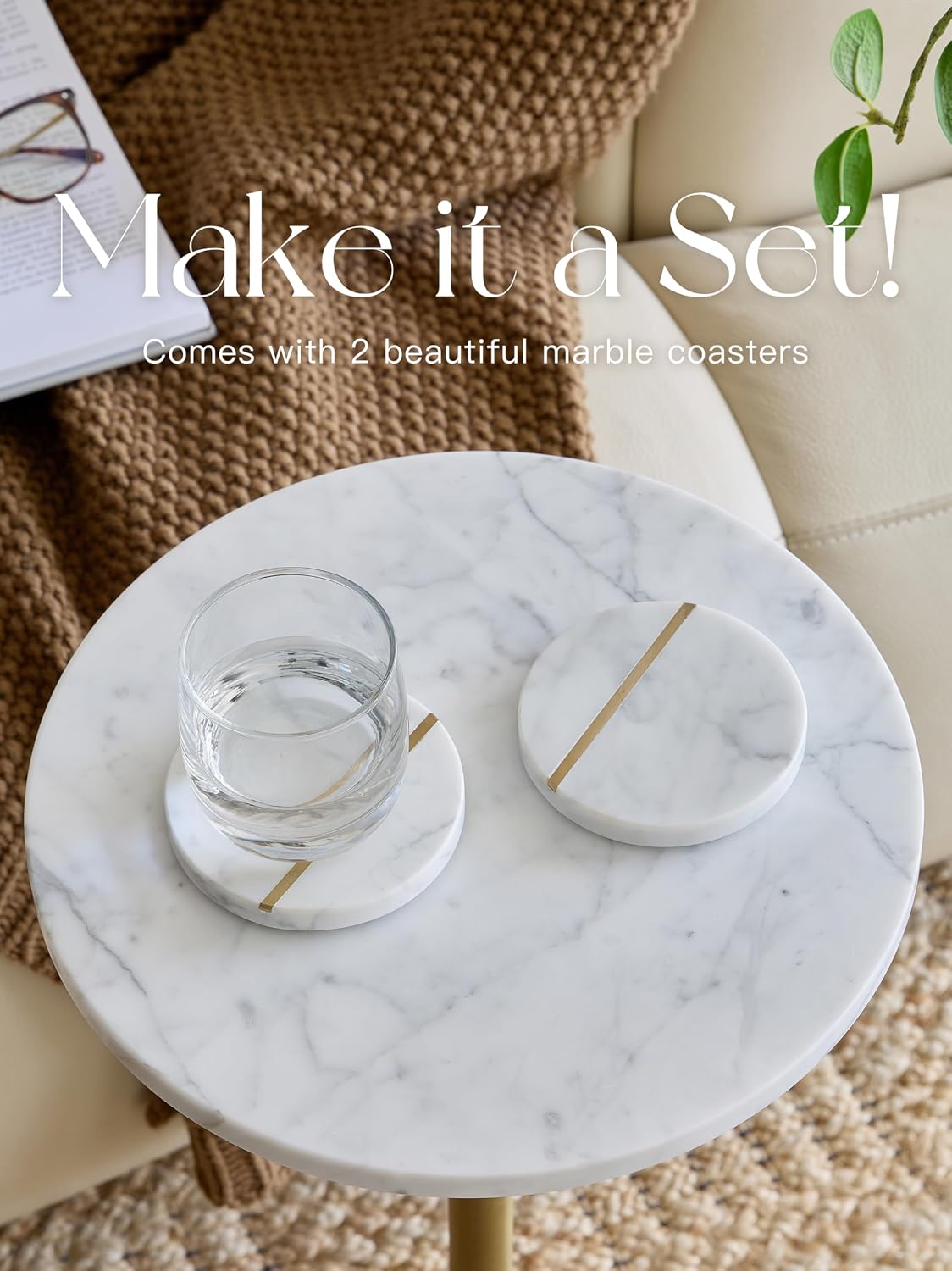 Adjustable-Height Marble Drink Table - 12x12x22-30, White Marble & Antique Brass, Modern Round End Table, Side Table with Pedestal Stand for Small Spaces, Vintage Metal Martini Cocktail Accent