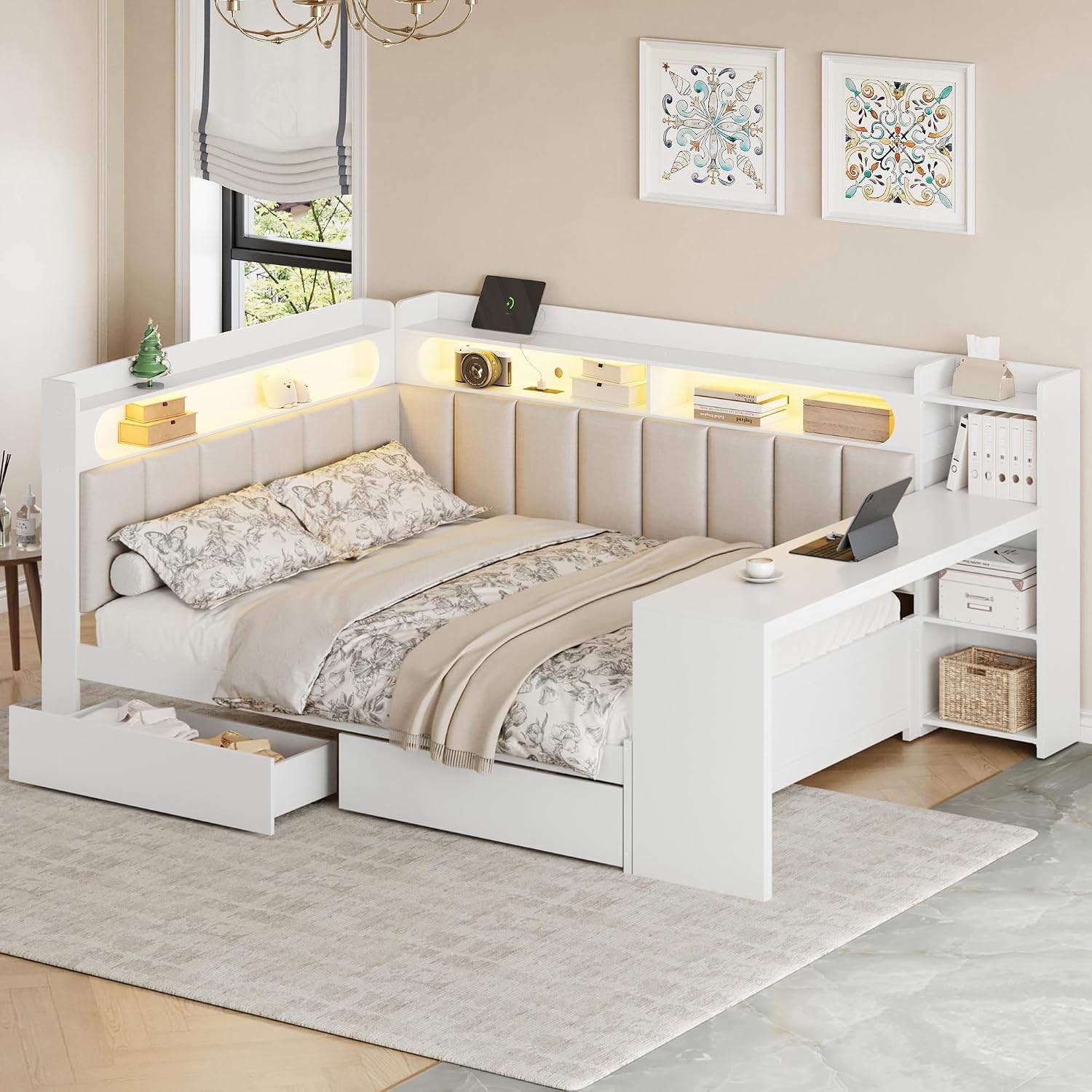 VilroCaz Full Size Daybed Sofa Bed with L-Shaped Upholstered Headboard and Desk, Wooden Corner Platform Bed Frame with 2 Drawers, Storage Shelves, Charging Station and Light Strip (White-8.26)