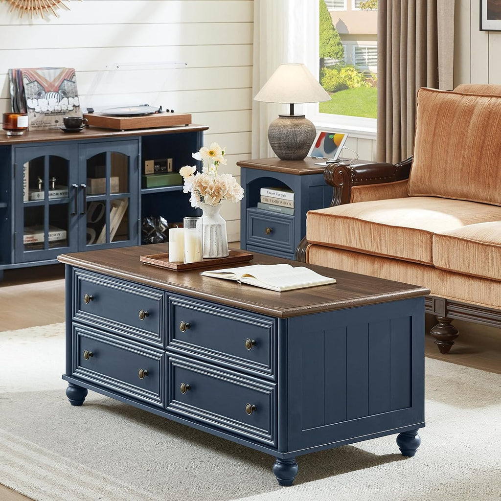 RWYHG Farmhouse Coffee and end Tables 3-Piece Set,Wood 48' Center Table with 4 Drawers,Large Sofa Side Table with Charging Station & with Glass Barn Door Storage for Home Living Room Hallway,Blue
