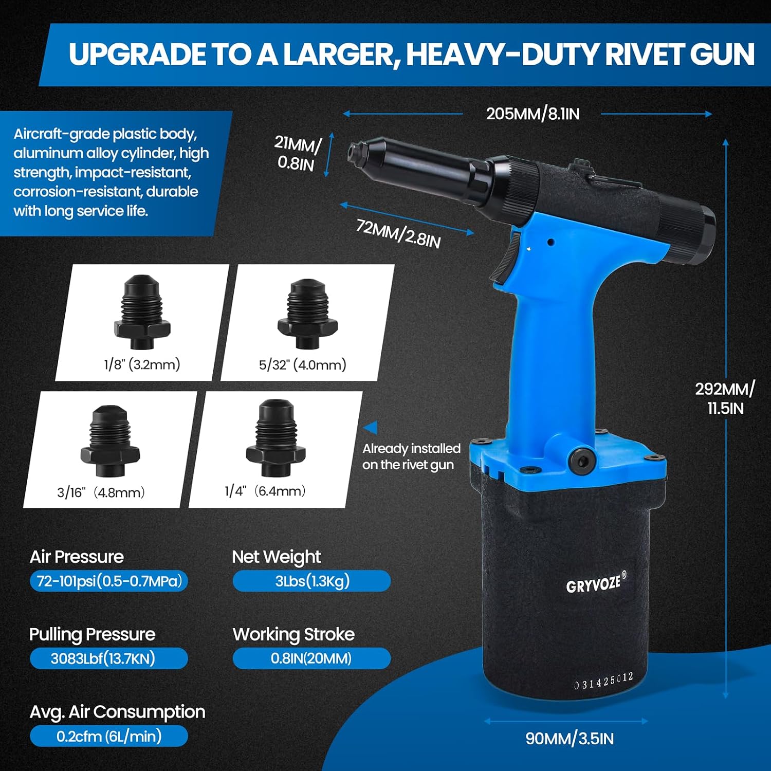 Pneumatic Rivet Gun Air Pop Riveter Tool Kit with 1/8', 5/32', 3/16', 1/4' Rivet Nozzles, Pneumatic Riveting Gun, Upgraded Air Riveter Hydraulic Pop Riveting Rivets Tool, No-Self-Suction
