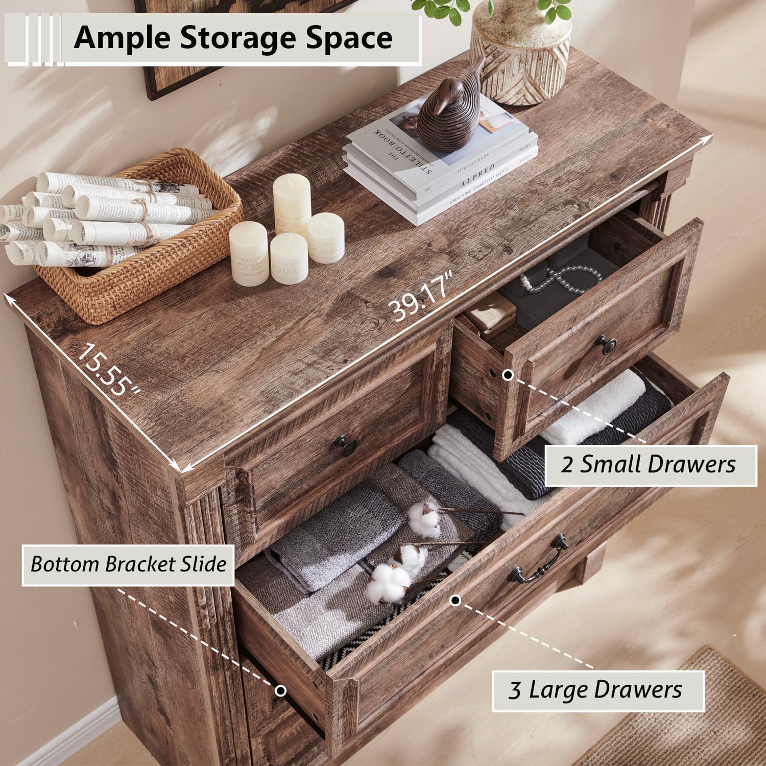 Aitjunz Farmhouse 5 Drawers Dresser for Bedroom, 46' Tall Dressers & Chests of Drawers w/Roman Column, Large Storage Dressers Organizer for Bedroom, Hallway, Living Room, Light Brown