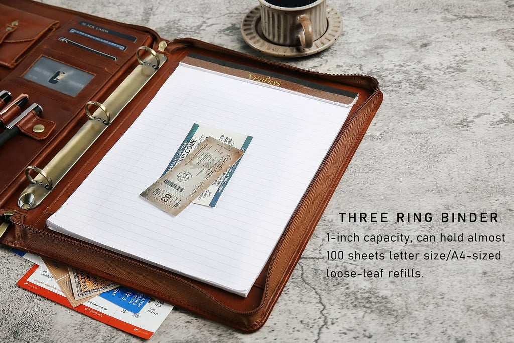 DUKE&COW Leather Portfolio with 3 Ring Binder, Personalized Leather Binder Padfolio Executive Folio Zippered, Engraved Leather Folder Portfolio Organizer, Custom Gift for Men Women （Brown, Custom）