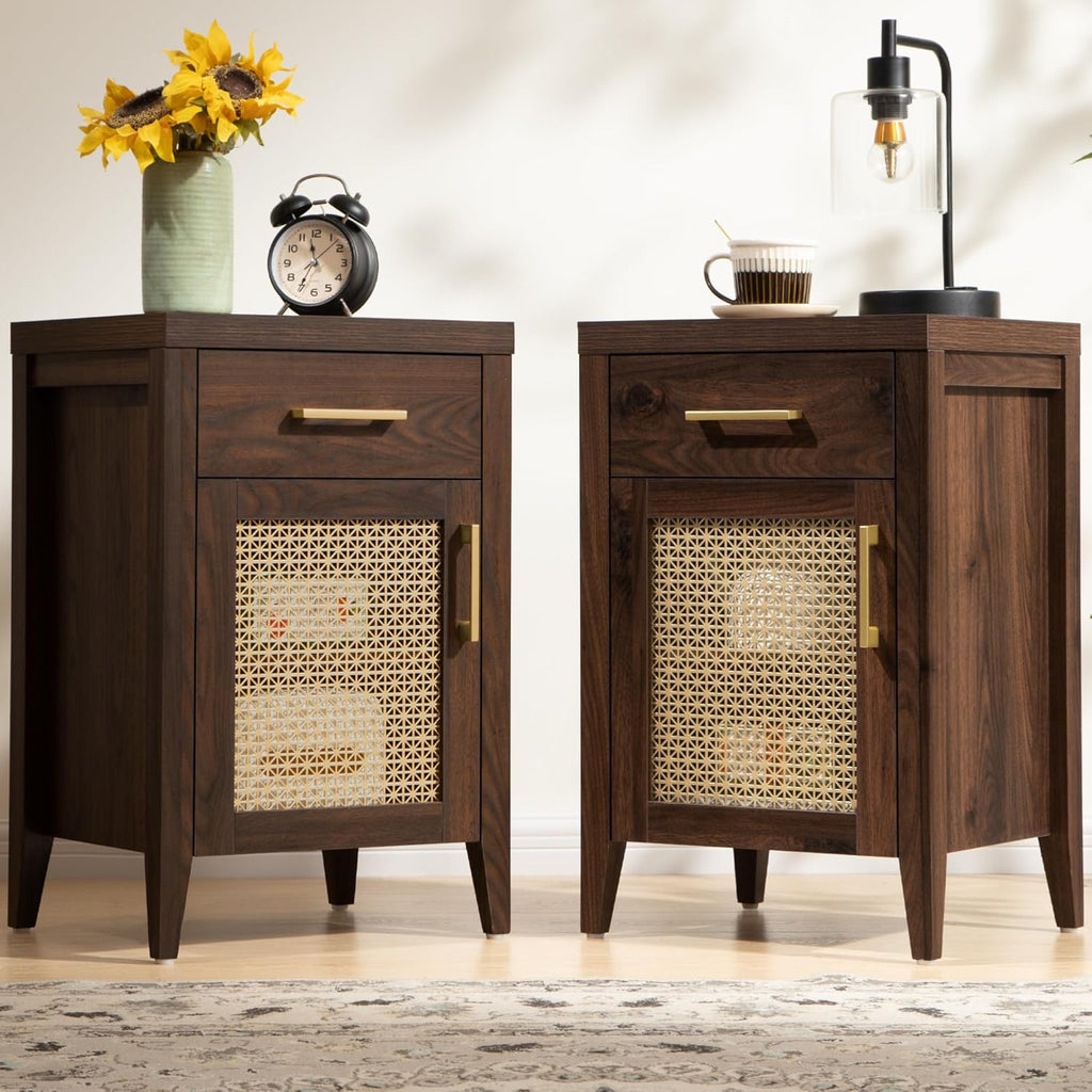 SICOTAS Tall Nightstands Set of 2 with Drawer, Mid Century Modern Wooden Night Stand Rustic Bedside Tables with Storage, Vintage End Tables with Metal Mesh Door for Bedroom, Espresso Walnut