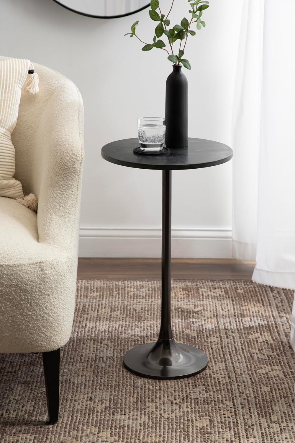 Kate and Laurel Baronet Glam Marble Round Side Table; 14 x 14 x 24; Black Marble and Gray Gunmetal; Marble Top Circle End Table for Use as a Bedroom Nightstand or Living Room Plant Stand Option
