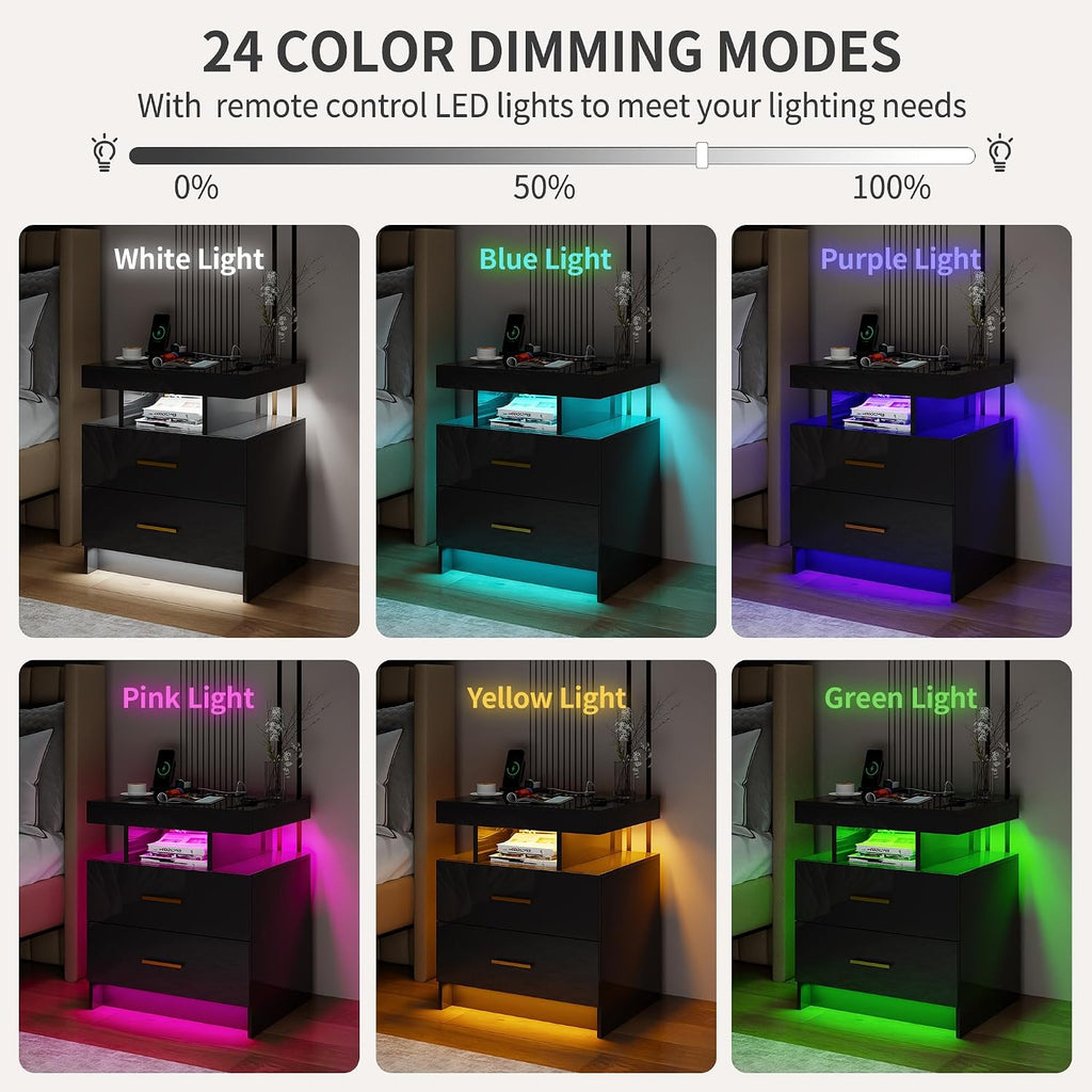 Smart Night Stand Set of 2 with Charging Station, Modern Black Nightstand with 24 Color Lights and 2 Drawers, LED Bedside Tables with Auto Senor,High Gloss End Side Table for Bedroom
