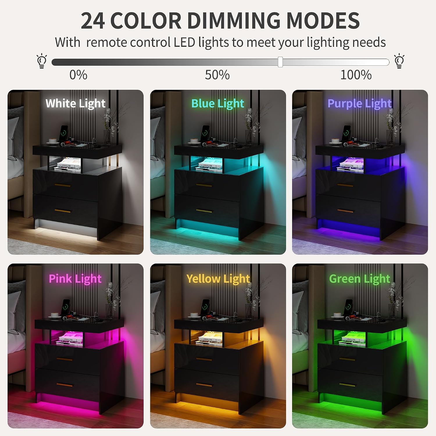 Smart Night Stand Set of 2 with Charging Station, Modern Black Nightstand with 24 Color Lights and 2 Drawers, LED Bedside Tables with Auto Senor,High Gloss End Side Table for Bedroom