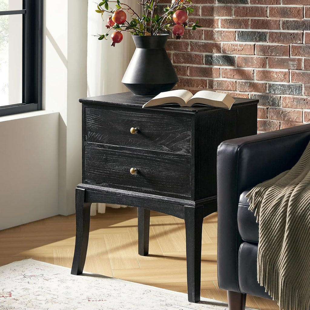 HULALA HOME Solid Wood End Table with Charging Station, 2 Drawer Side Table, Tall Mid Century Modern End Table for Living Room, Charcoal
