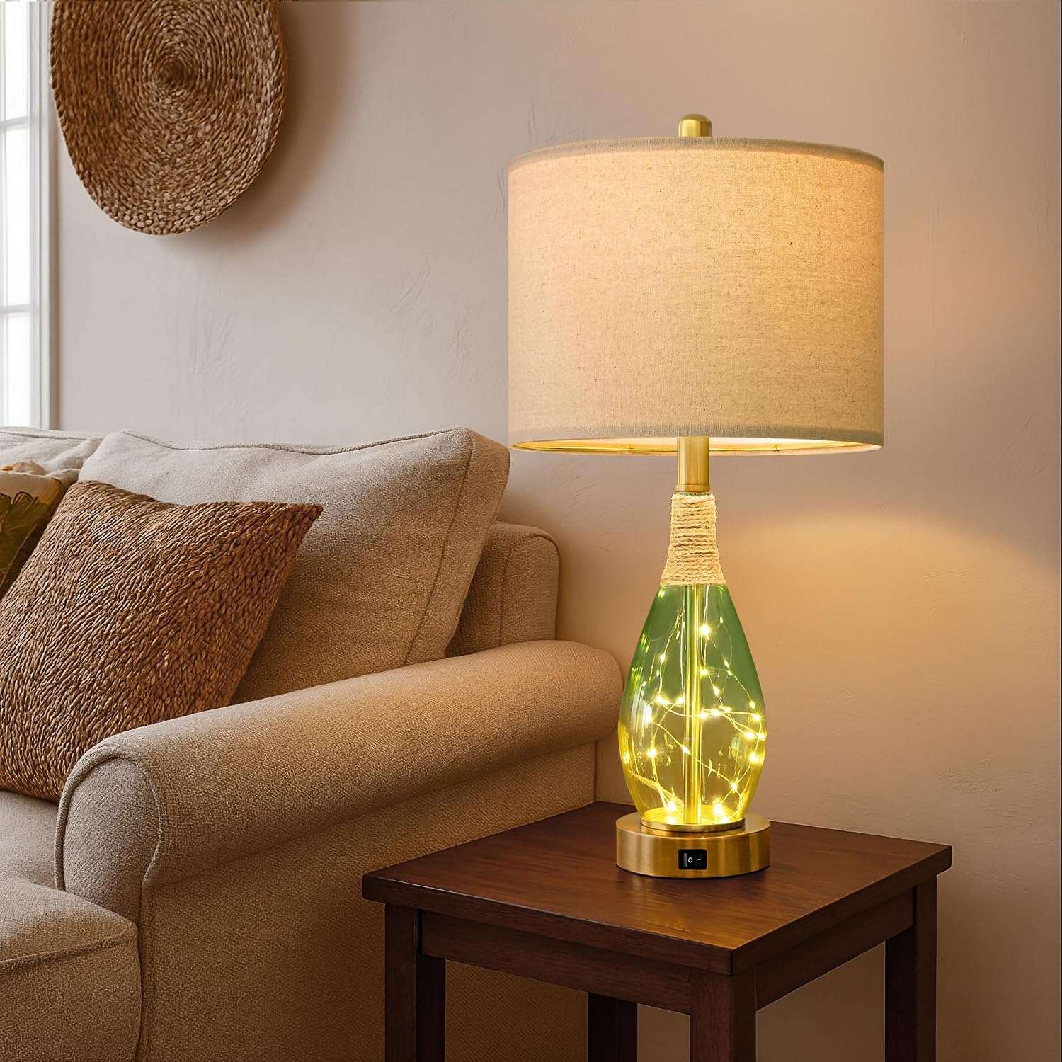 OYEARS 23' Table Lamps Set of 2,Farmhouse Lamps with Glass Nightlight, Bedside Lamps for Living Room, Rattan Lamps for Bedroom Nightstands, Two Light Points