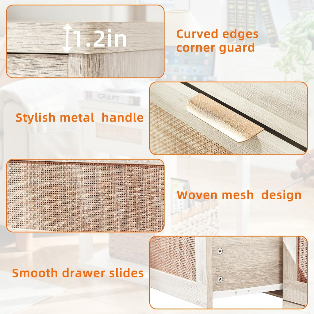 LEYAOYAO Narrow Side Table Set of 2, 24'' Night Stand with Charging Station, Rattan Nightstand with Drawer Storage, Bedside End Table with Small Spaces, Wood Boho Nightstand for Living Room Bedroom