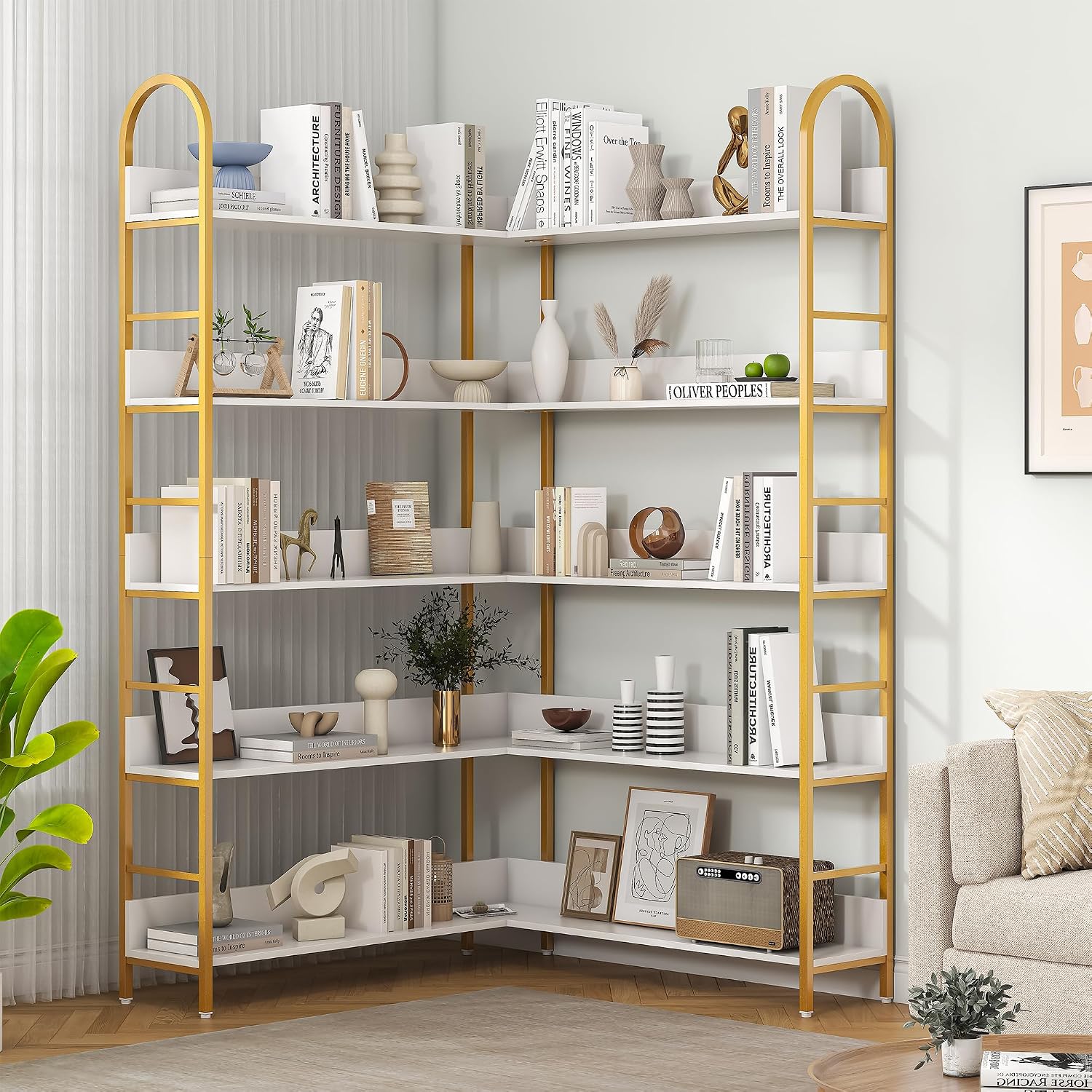 Nosepen Corner Bookshelf, 5 Tiers Tall Open Corner Etagere Bookcase Storage Organize, L-Shaped Large Corner Bookshelves, Corner Shelf Storage Display Rack with Metal Frame for Living Room Home Office