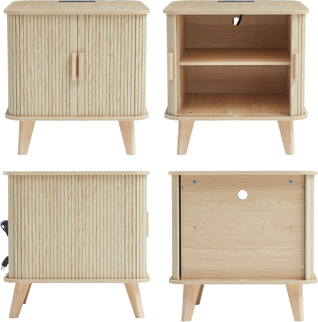 End Table with Charging Station, 24' Fluted Night Stands with Sliding Door, Farmhouse Large Wooden Side Table with Storage for Bedroom Living (Square, Natural)