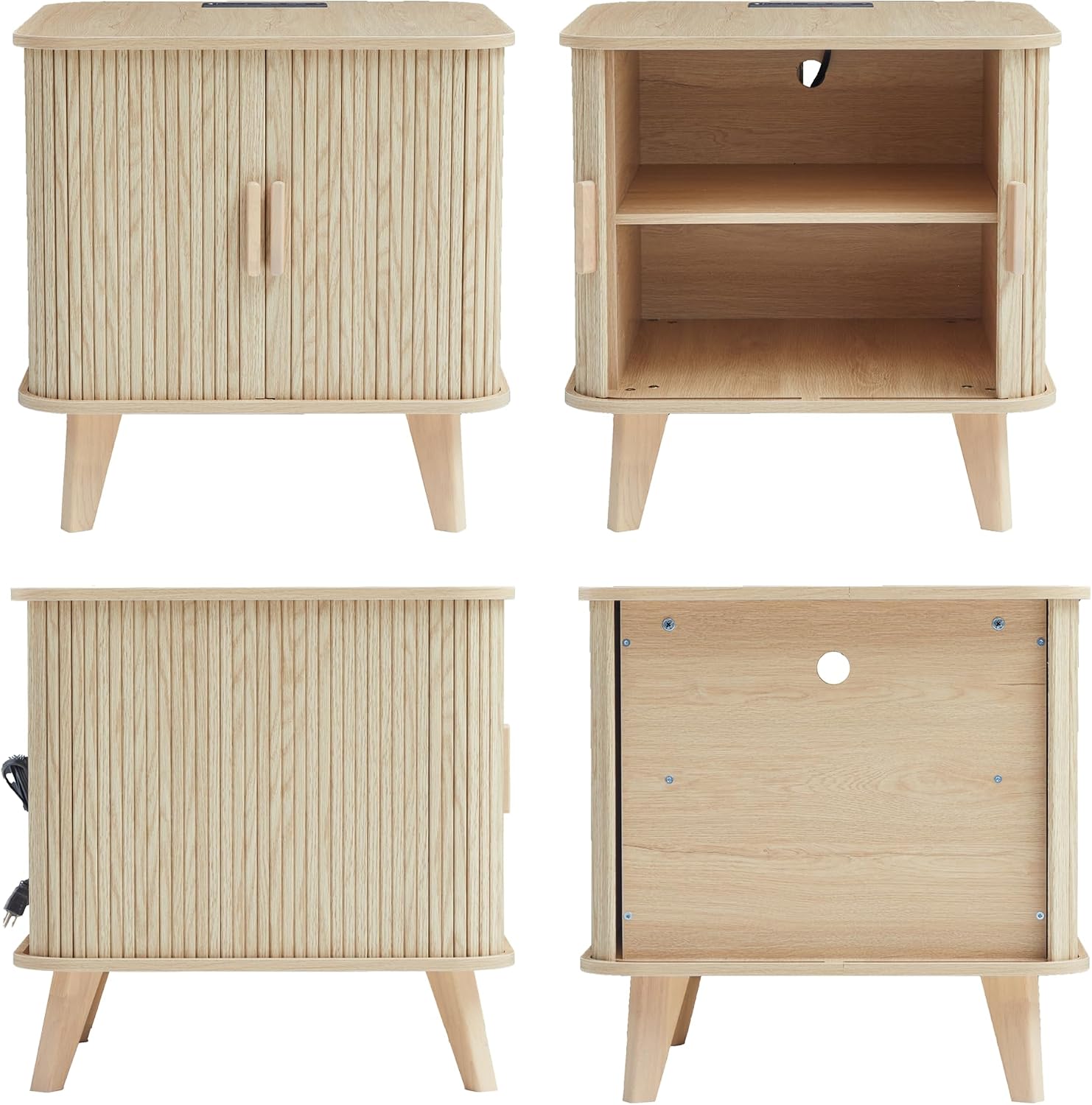 End Table with Charging Station, 24' Fluted Night Stands with Sliding Door, Farmhouse Large Wooden Side Table with Storage for Bedroom Living (Square, Natural)