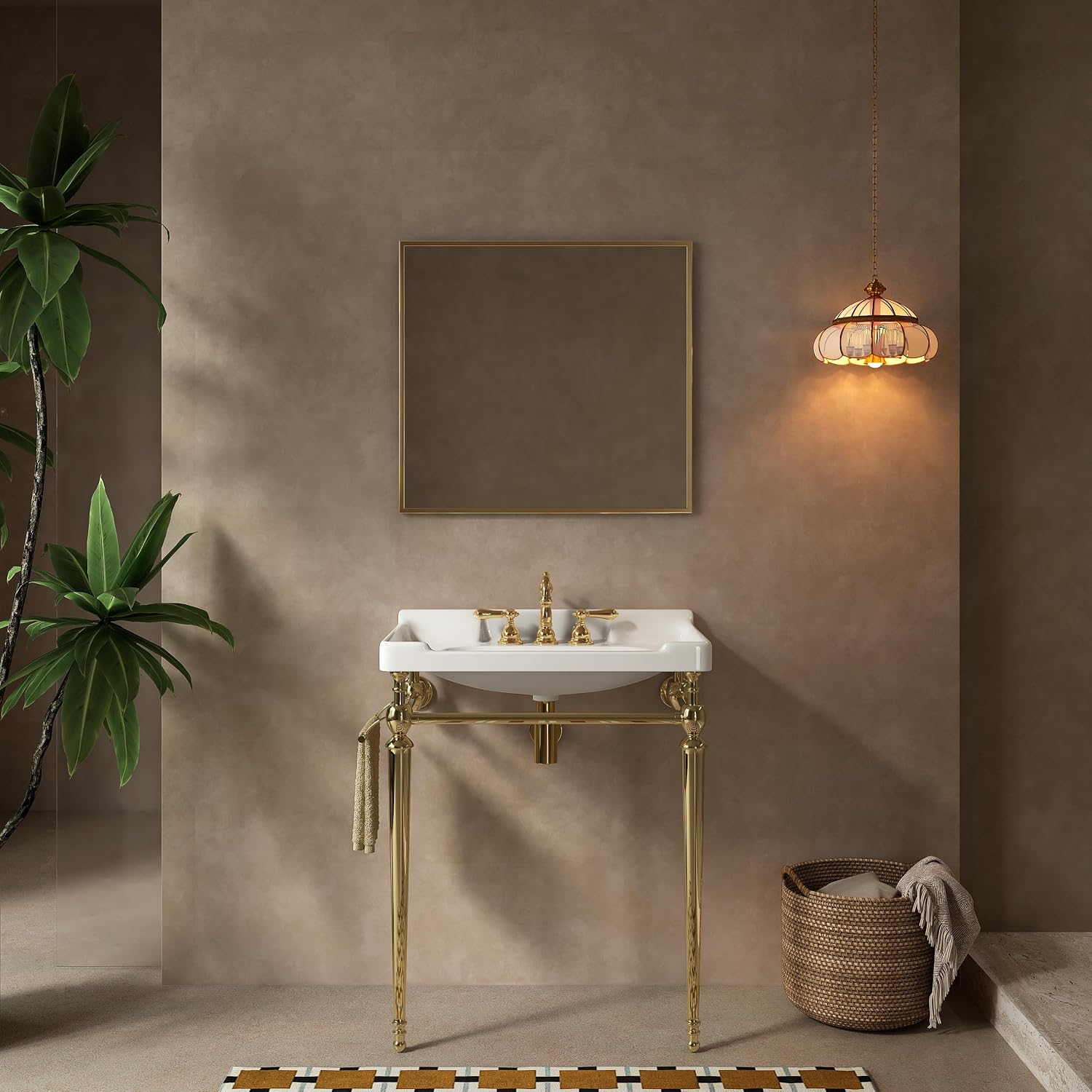28' Ceramic Bathroom Vanity with Sink, Bathroom Cabinet Organizer with Towel Bar, Bathroom Vanities with Stable Support for Daily Bathroom Use, Gold,White