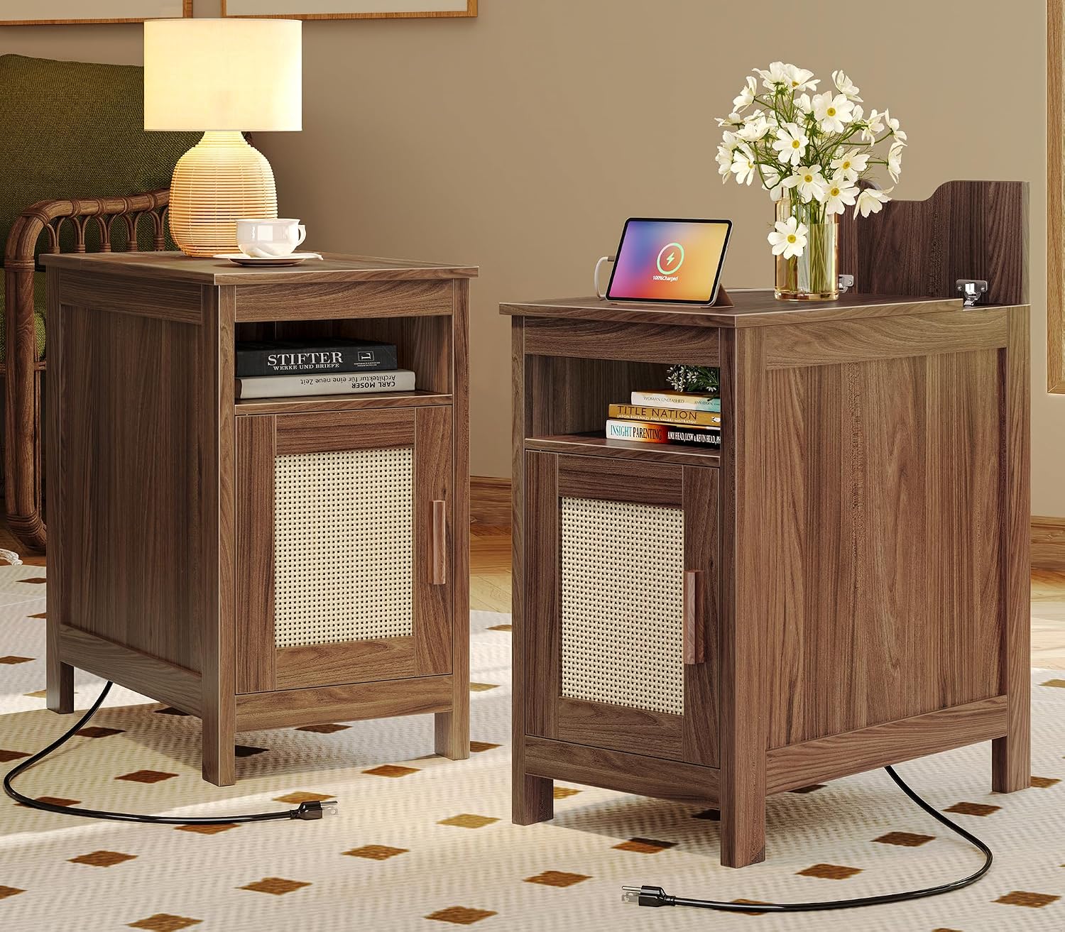 Huuger Narrow Night Stand Set of 2, End Table with Charging Station, USB-C Port, Rattan Side Table with Cabinet and Open Shelf, Synthetic Rattan, for Small Spaces, Bedroom, Walnut