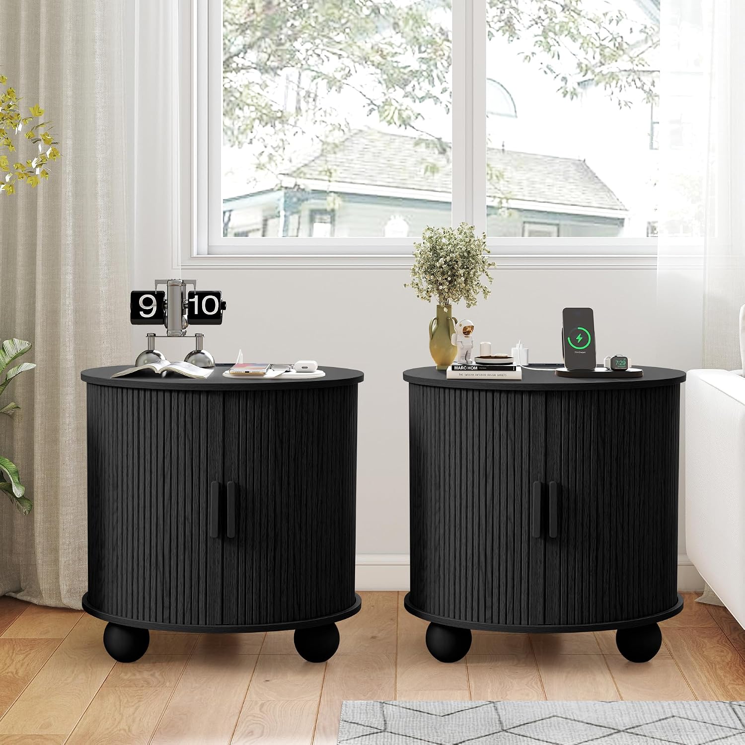 Mid-Century Modern 24' Nightstand with Charging Station, Wood Round End Night Stand End Table with Storage & Sliding Door, Accent Side Tbale for Living Room Bedroom (Round, Black)