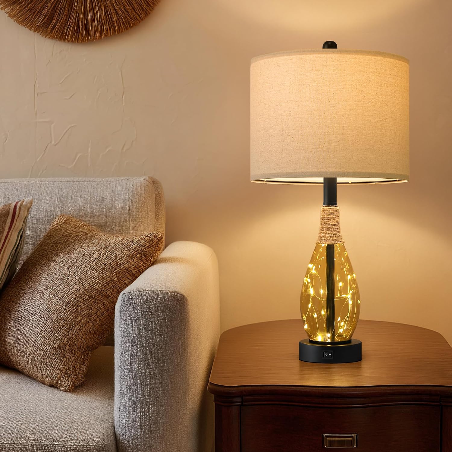 OYEARS 23' Table Lamps for Living Room Set of 2 Bedside Lamps for Night Stands Bedroom Lamps Farmhouse Rattan Boho Lamp Glass Nightlight End Table Lamp,Two Light Points