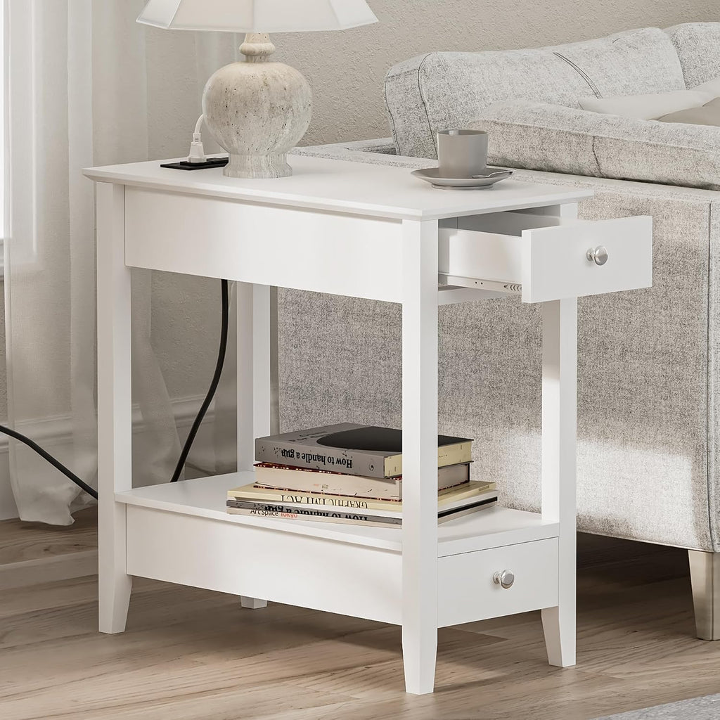 Treocho End Tables Living Room Set of 2, Narrow Side Table with Charging Station, White Table Bedside Sofa for Small Spaces, Living Room, Bedroom
