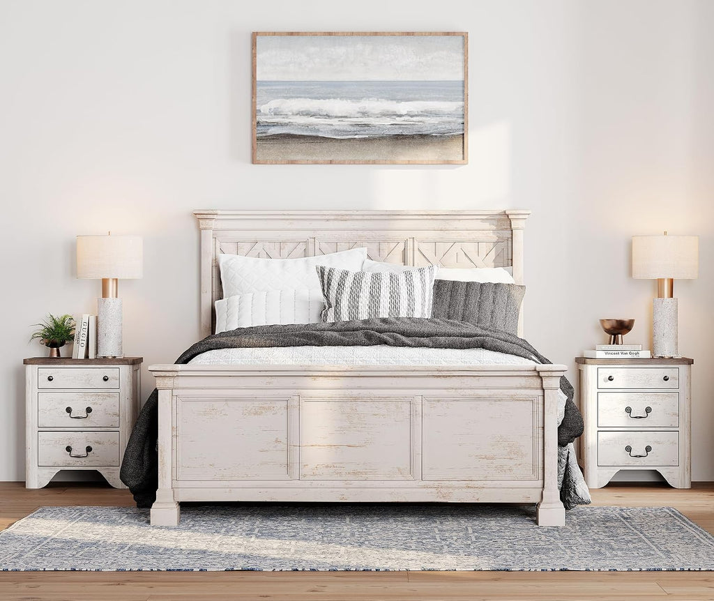 WAMPAT Farmhouse Nightstands Set of 2, 20.5 Inch End Table with Charging Station, Wooden Side Table with 3 Drawers, White End Table Side Table for Bedroom, Living Room, Sofa, Couch, Office