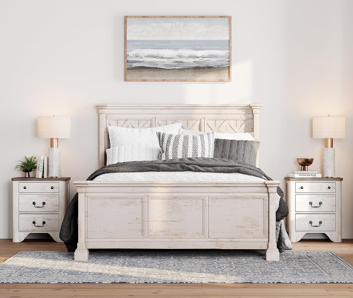 WAMPAT Farmhouse Nightstands Set of 2, 20.5 Inch End Table with Charging Station, Wooden Side Table with 3 Drawers, White End Table Side Table for Bedroom, Living Room, Sofa, Couch, Office