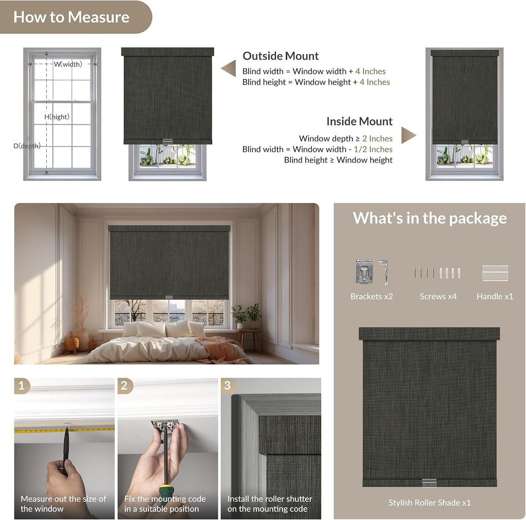 Boolegon Cordless Blackout Roller Shades for Windows, Free-Stop Linen Shades with Valance, Thermal Insulated Fabric, UV Protection Roller Blinds for Home, Office (Grey, 70' W x 60' H)