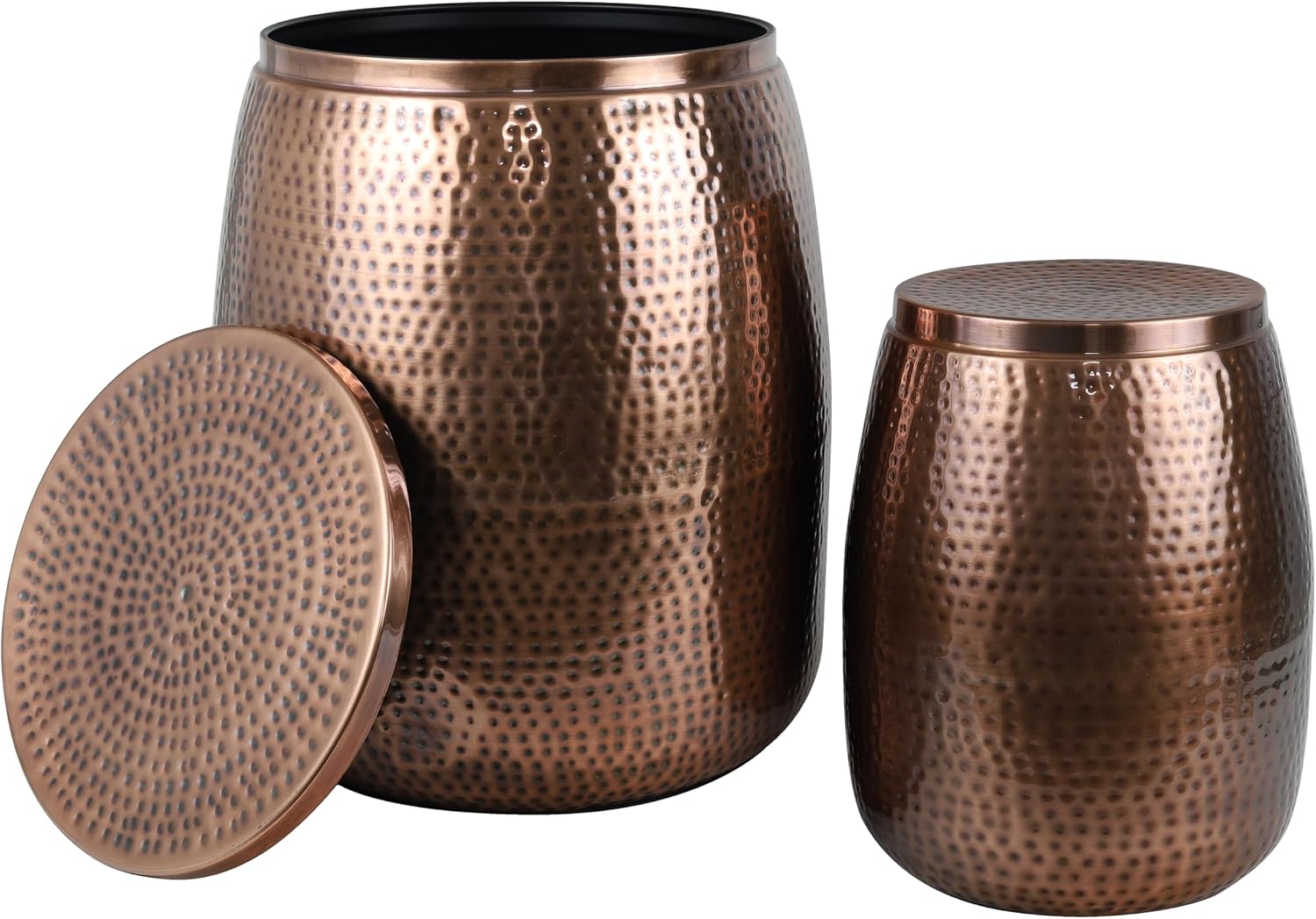happimess SSL2002C-2SET Merida Modern Rustic 2-Piece Hammered Metal Drum Storage Side Tables with Lids, End Table for Decoration in Living Room, Bedroom, Bathroom, Antique Copper