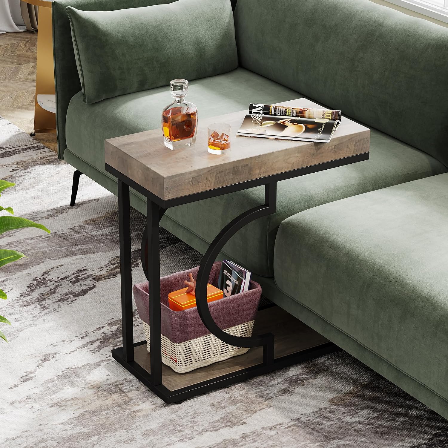 Tribesigns Narrow Side Table C Shaped End Table Modern Bedside Tables for Couch, Small Sofa Chairside Tables with Metal Frame for Living Room (2, Gray+Black)