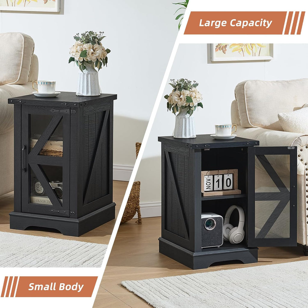 Joaxswe Farmhouse End Table Set 2, Narrow 18'' Night Stand with Glass Barn Door, 24' Square Side Table with Charger Station, Living Room Furniture Sets, Wood Nightstand Bedside Tables for Bedroom