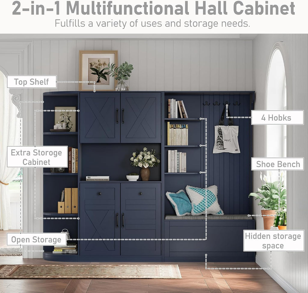 Multifunctional Hall Tree with Shoe Bench & Storage Cabinet,2-in-1 Left-Right L-Shaped Corner Entryway Cabinets with Coat Rack & Open Shelves,Modern Storage Organizer for,Living Room (Antique Blue)