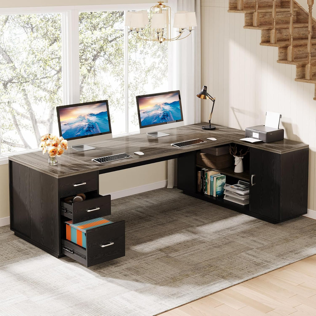 Tribesigns 85.8-Inch L-Shaped Executive Desk, Extra Large Modern Office Desk with File Drawers, Door Cabinet & Shelves, Commercial Office Table, Home Business Workstation, Grey & Black
