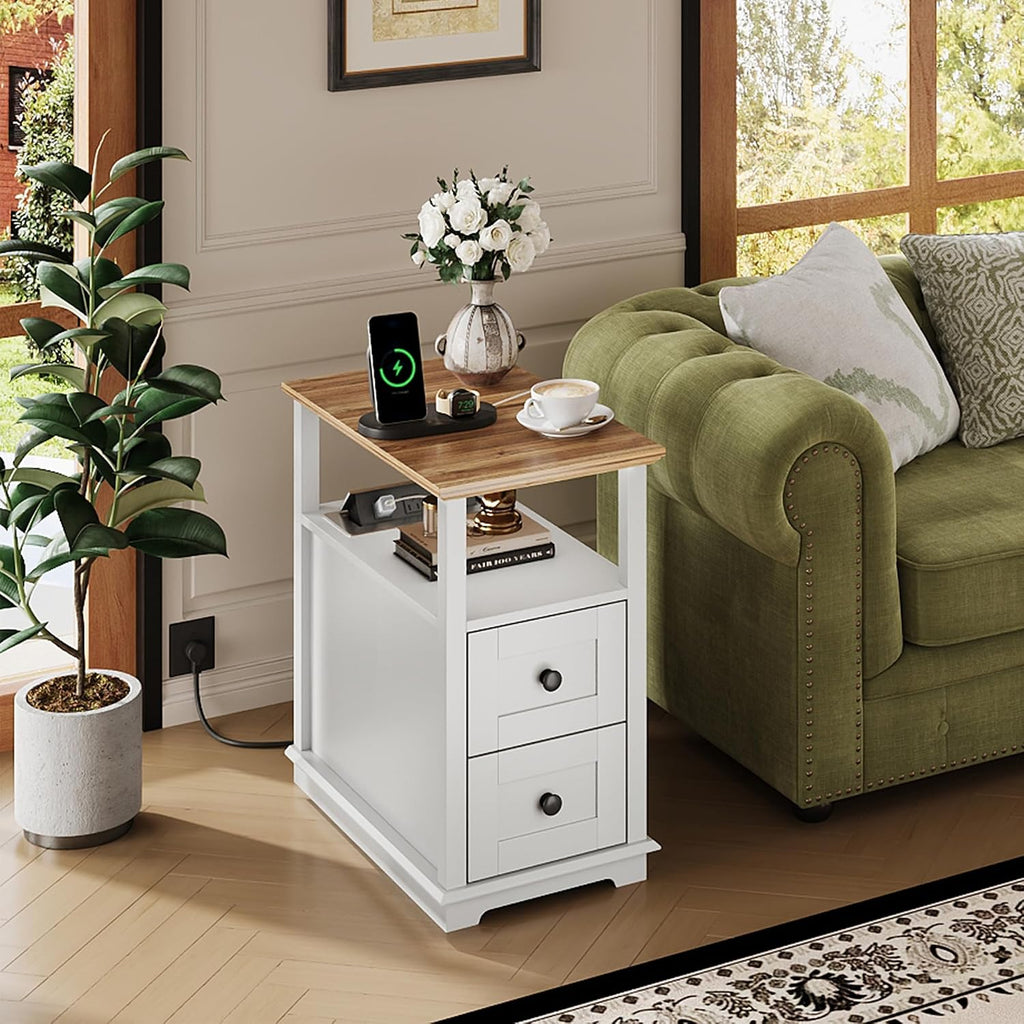 WLIVE End Table with Charging Station, Narrow Side Table for Living Room, Farmhouse Nightstand with Storage, Small Wooden Cabinet with USB Ports and Outlets for Living Room and Bedroom, White