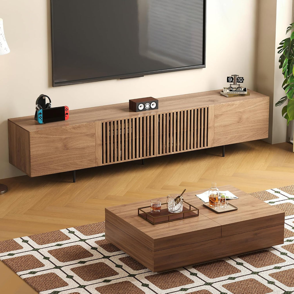 Mid-Century Modern 94.48' TV Stand and Expandable Coffee Table Set, Large Walnut Entertainment Center with Storage for Living Room and Bedroom Furniture Decor