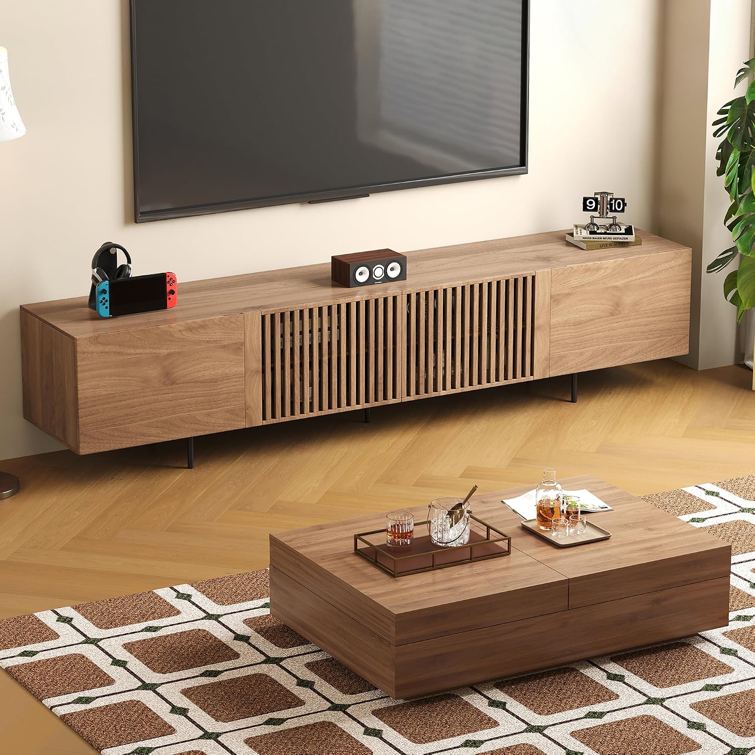 Mid-Century Modern 94.48' TV Stand and Expandable Coffee Table Set, Large Walnut Entertainment Center with Storage for Living Room and Bedroom Furniture Decor