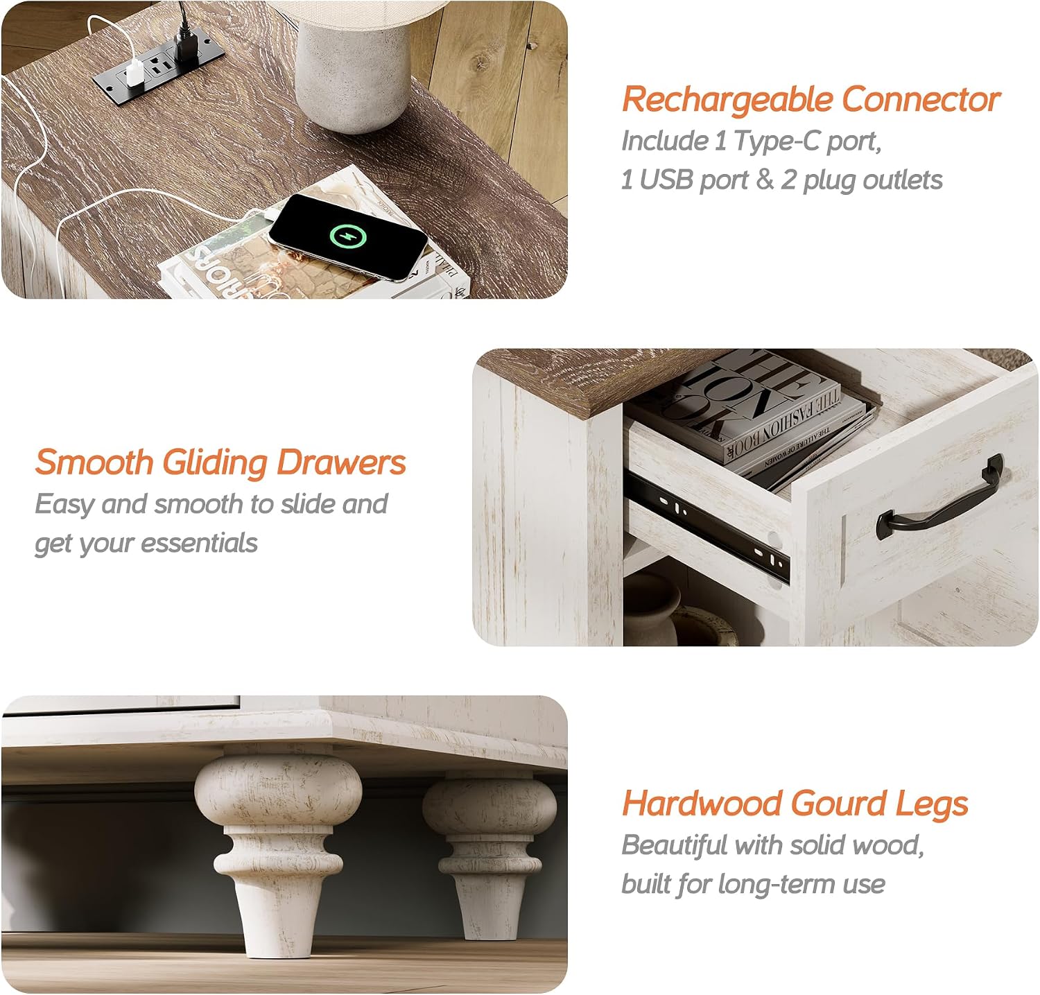 WAMPAT End Table with Charging Station, Antique White Side Table with Storage Cabinet & Drawer, Wooden Nightstand with Power Outlets & Type-C USB Ports for Bedroom, Dorm