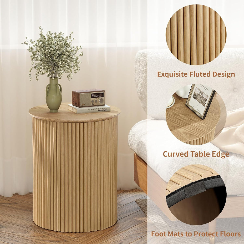 Round Fluted Side Table Set of 2, 17.7' Mid-Century Modern End Tables, Wooden Bedside Table Round Nightstand Small Circle Sofa Accent Table for Living Room, Bedroom Home(Natural)