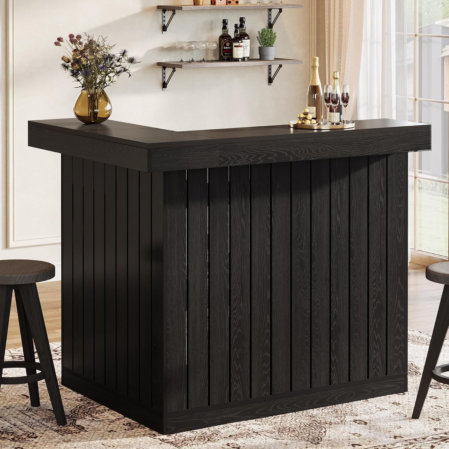 Tribesigns L-Shaped Home Bar Unit, 4-Tier Corner Liquor Bar Table with Storage Shelves and Wine Glasses Holder, Industrial Wine Cabinet Reception Desk for Home Pub (1, Black)
