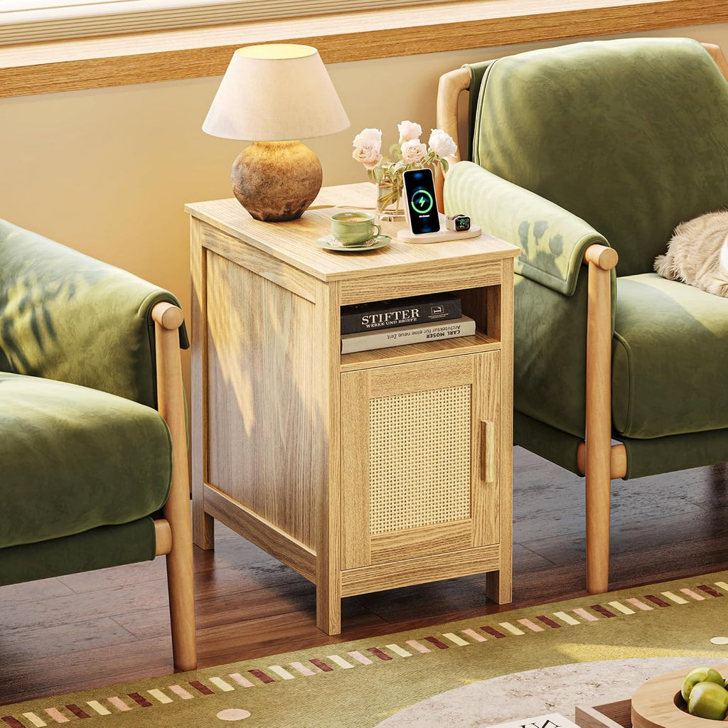 Huuger Narrow Night Stand Set of 2, End Table with Charging Station, USB-C Port, Rattan Side Table with Cabinet and Open Shelf, Synthetic Rattan, for Small Spaces, Bedroom, Natural Wood