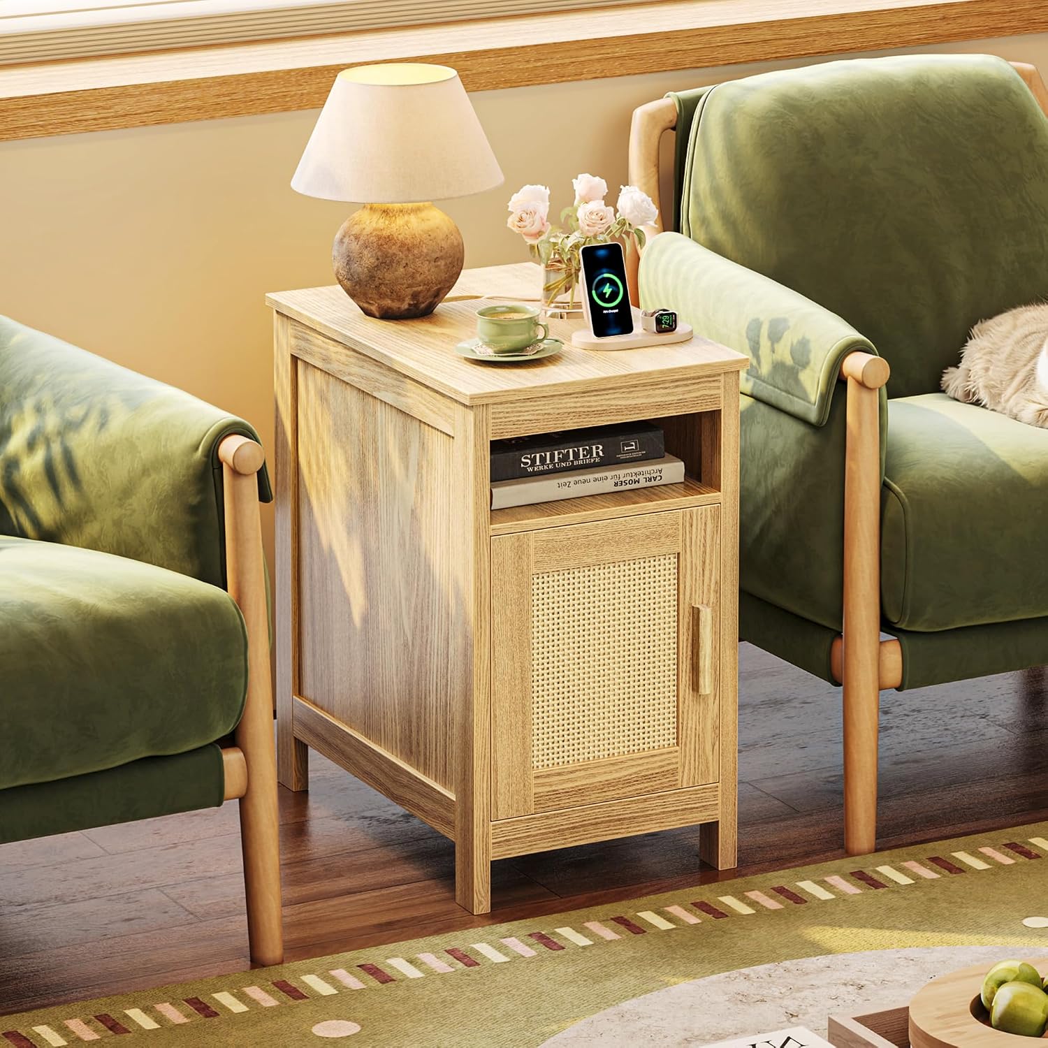 Huuger Narrow Night Stand Set of 2, End Table with Charging Station, USB-C Port, Rattan Side Table with Cabinet and Open Shelf, Synthetic Rattan, for Small Spaces, Bedroom, Natural Wood