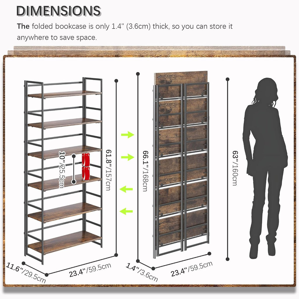4NM No Assembly 6 Tier Collapsible Book Shelves, 61.8' H x 23.6' W Folding Bookshelf Bookcase Open Industrial Foldable Shelf for Bedroom, Living Room, Home Office - Rustic Brown Black