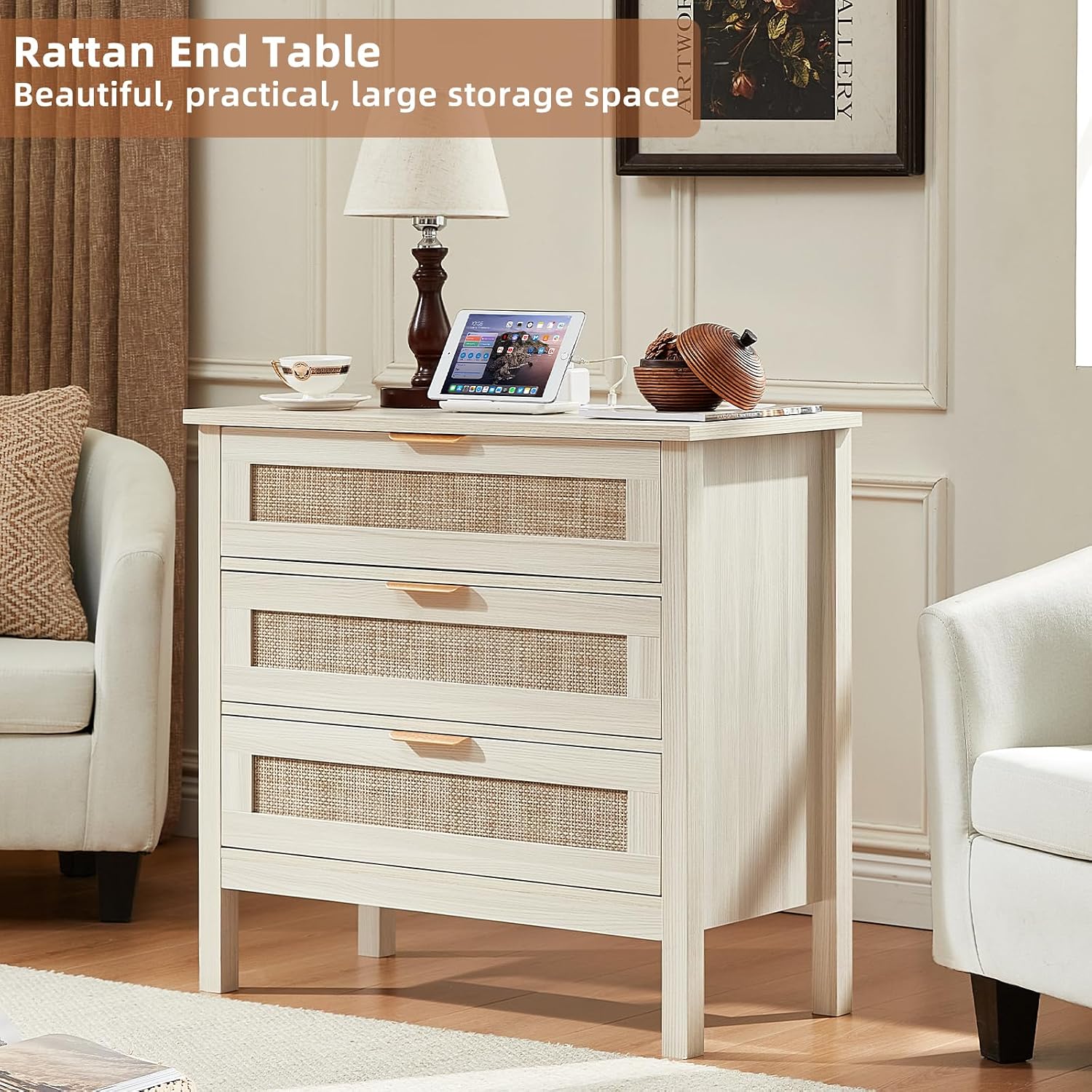 LEYAOYAO 31.5' Wide Rattan Nightstands Set of 2 with Charger Station, Large Boho 3 Drawer Night Stand, Grey White Bedside Table with Storage, Bed Side End Tables for Bedroom, Living Room, Hallway