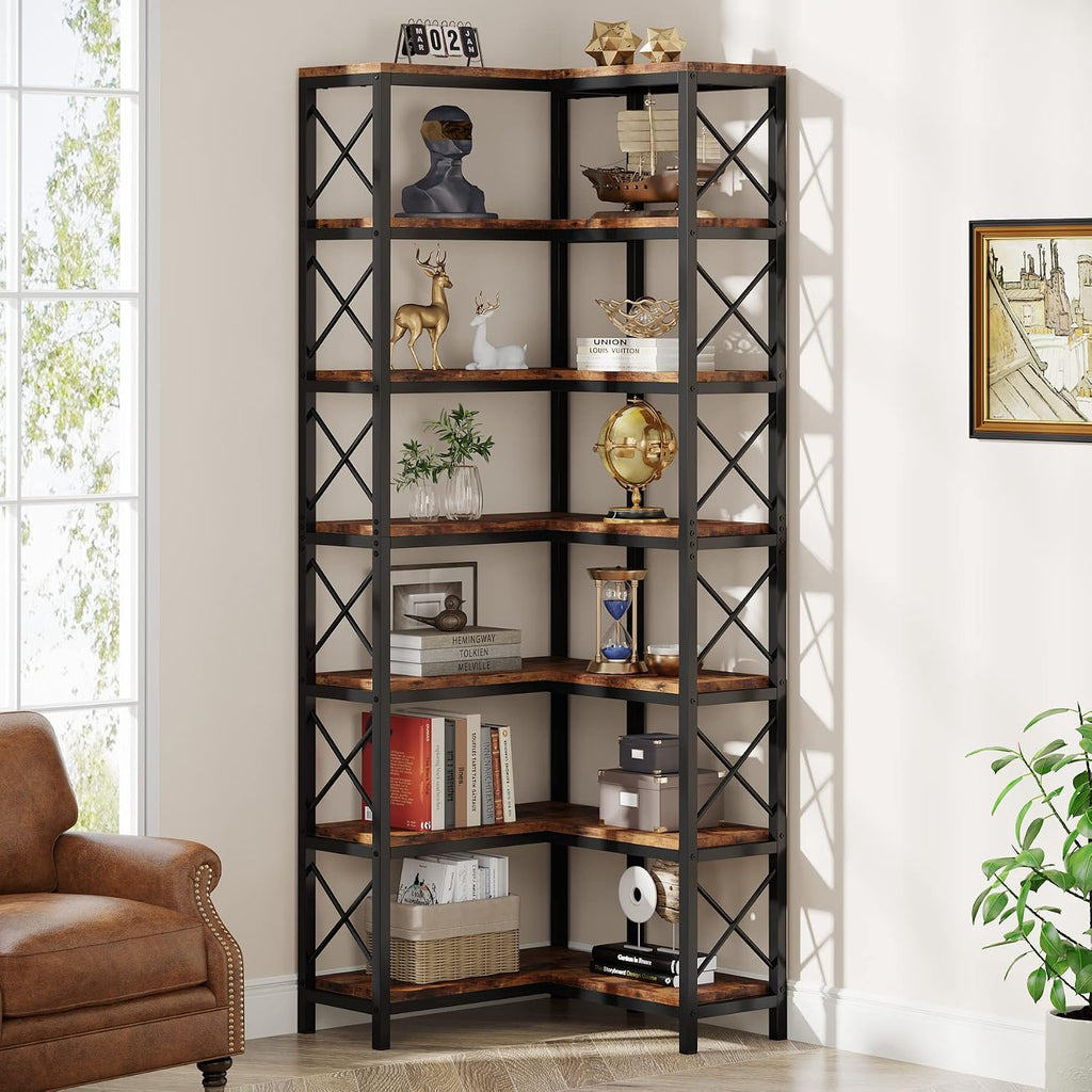 Tribesigns 7-Tier Corner Bookcase, Industrial Large Corner Bookshelf, 7-Shelf Tall Shelf Storage Display Rack with Metal Frame for Living Room Home Office, Rustic Brown