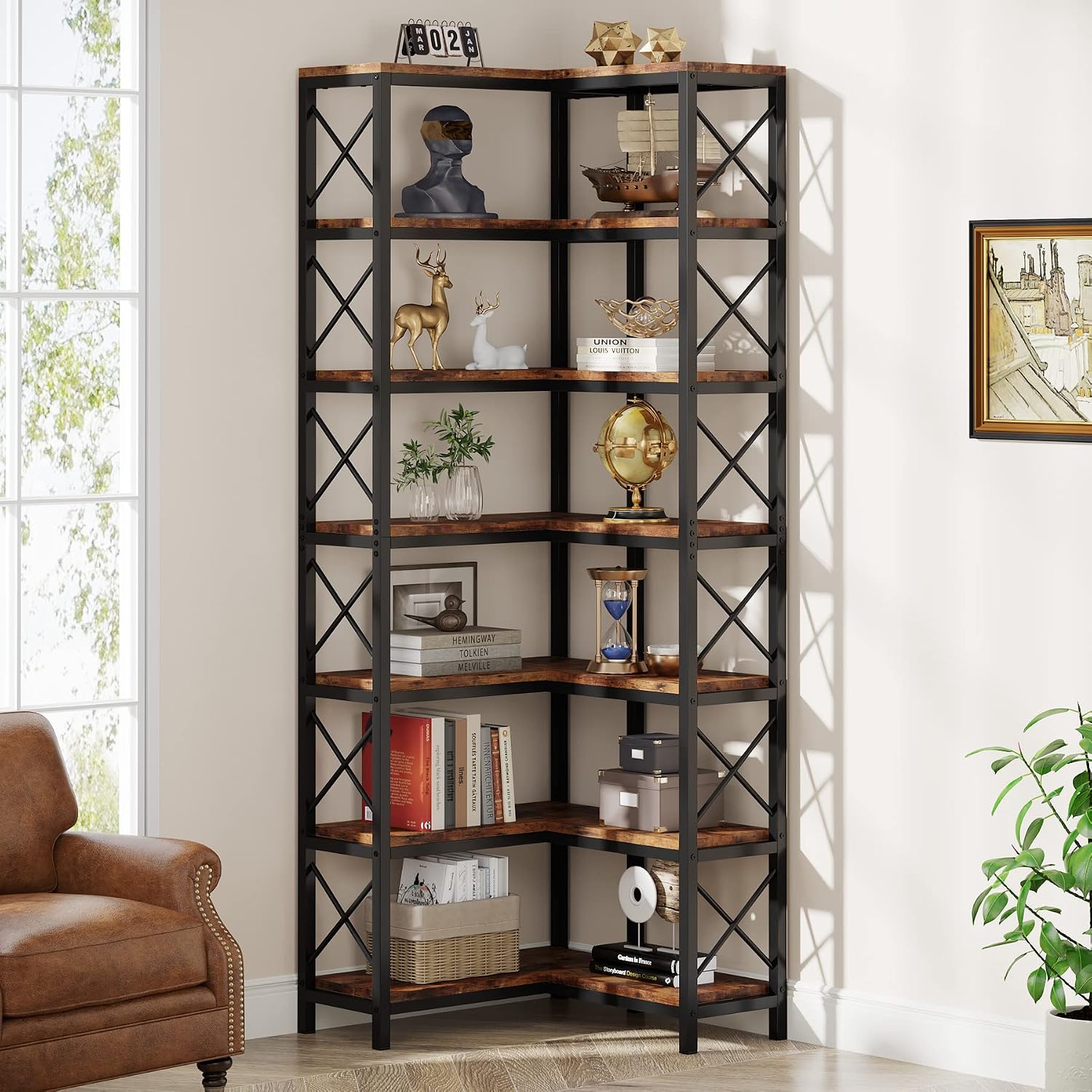 Tribesigns 7-Tier Corner Bookcase, Industrial Large Corner Bookshelf, 7-Shelf Tall Shelf Storage Display Rack with Metal Frame for Living Room Home Office, Rustic Brown