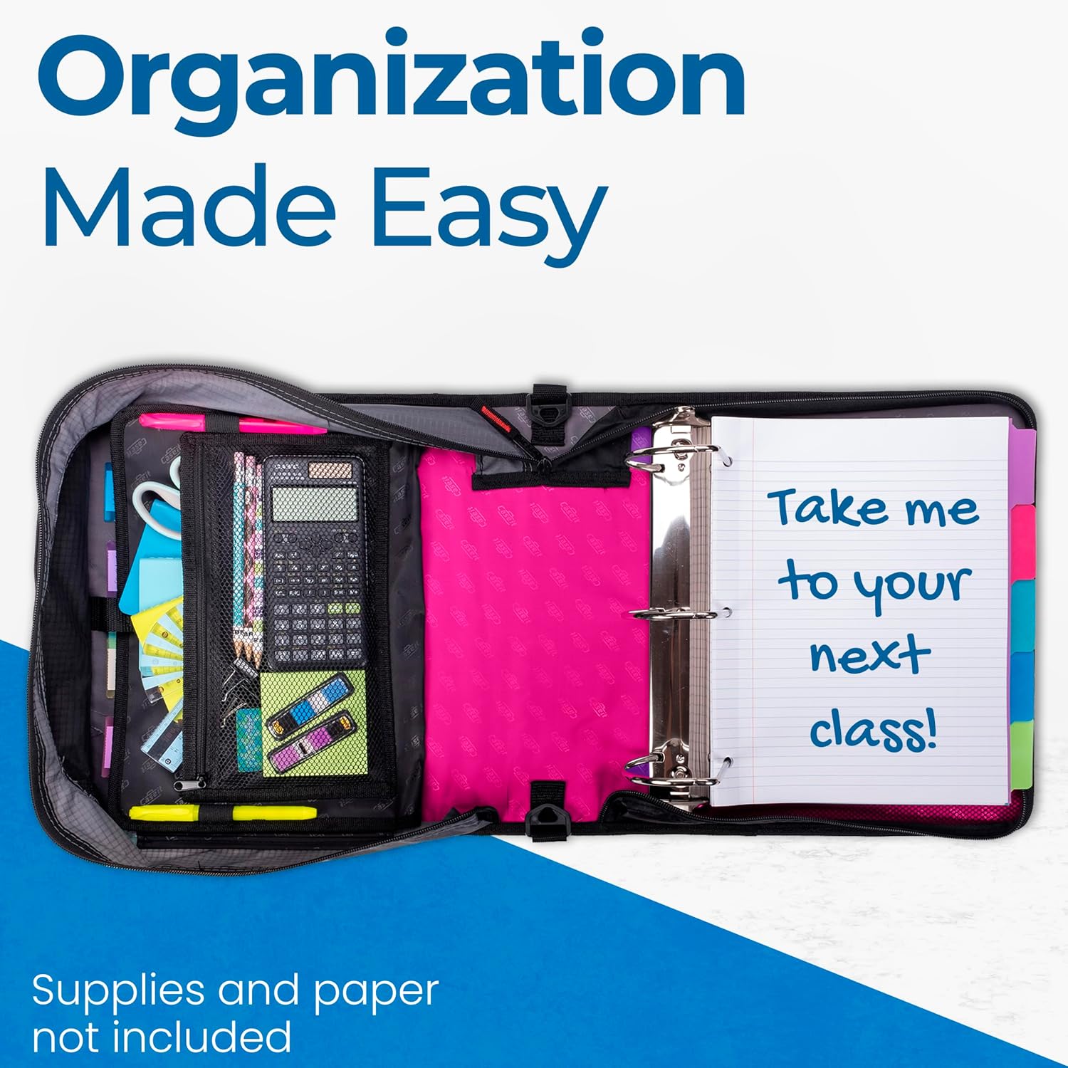 Case-it King Sized Zip Tab School Zipper Binder | 4-Inch D-Rings, 800 Sheet Capacity, 5-Subject Expanding File Folder, Multiple Pockets & Storage Organizer, Shoulder Strap | D-186 Magenta | 4 Pack