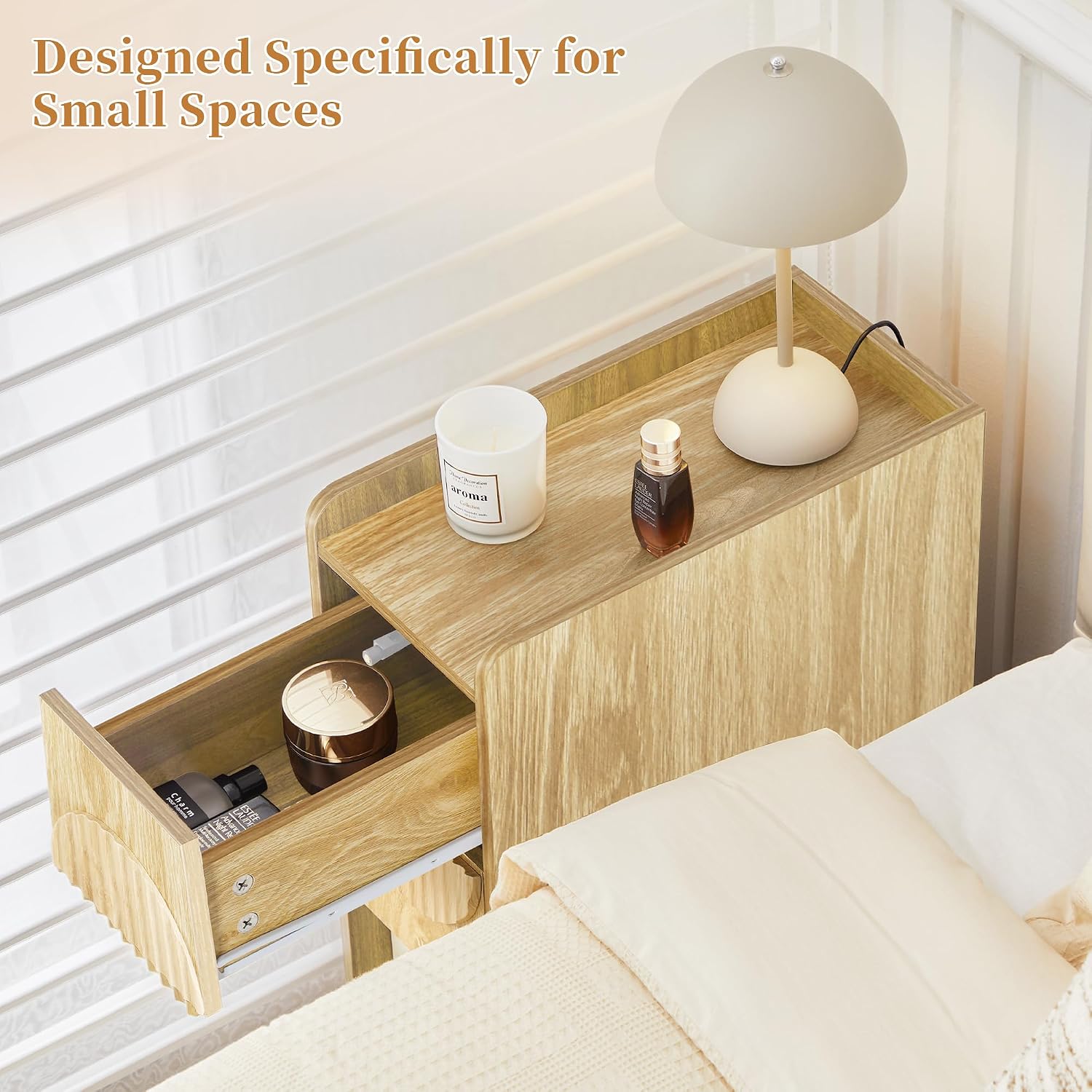 Narrow Nightstands Set of 2 for Bedroom, Mid Century Modern Wooden Bedside with 2 Drawers, Fluted Skinny End Table, 8 Inch Wide Slim Side Tables for Small Spaces,Natural