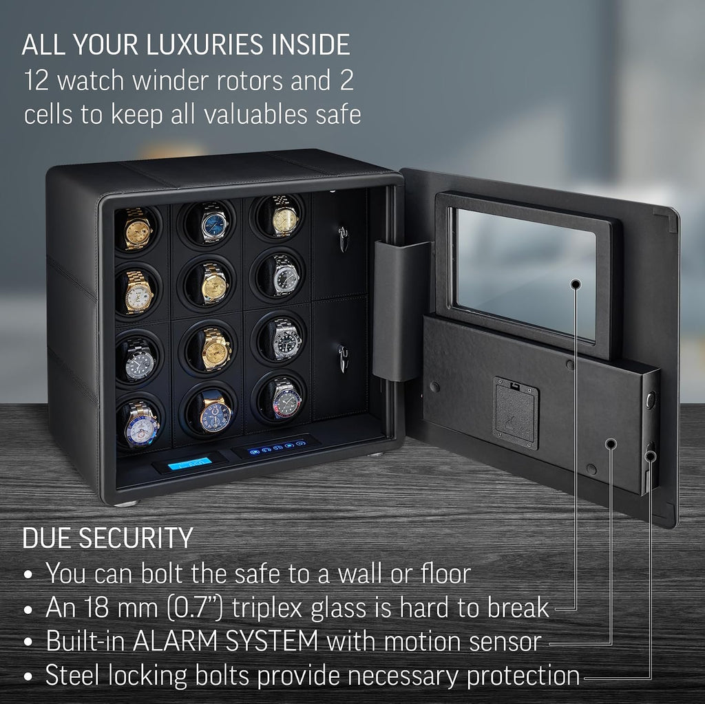 12 Watch Winder with Fingerprint Lock, Interior Light, Alarm System and 2 Storage Compartments