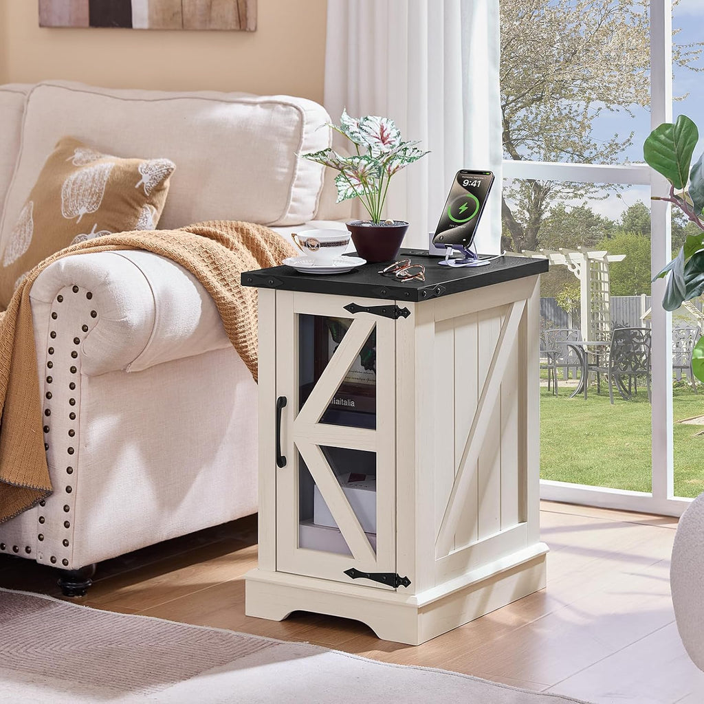 Joaxswe Farmhouse End Tables Living Room Set of 2 with Charger Station, 18'' Small Night Stand and 24' Large Side Table with Glass Barn Door Storage, Wood Nightstand Bedside Tables for Bedroom Office