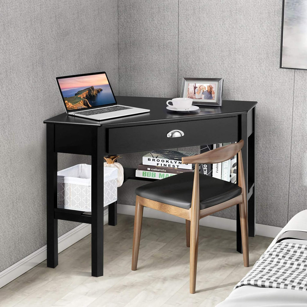 HOMGX Corner Desk, Writing and Study Corner Computer Desk, Laptop PC Table, Wood Home Office Desk, Small Corner Desk with Storage Drawer, Shelves, Office Study Workstation (Black)